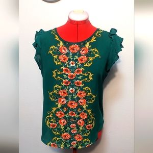 OLM Green Floral Flutter Sleeve Blouse Women's Medium